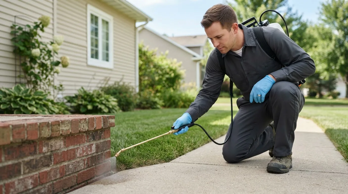Pest control technician treating a home near Ethridge, TN